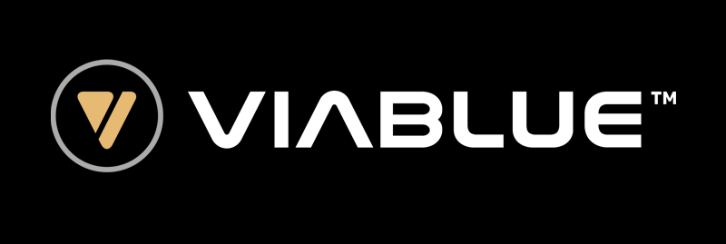 VIABLUE™ Logo, schwarzer Hintergrund, 800 Pixel breit