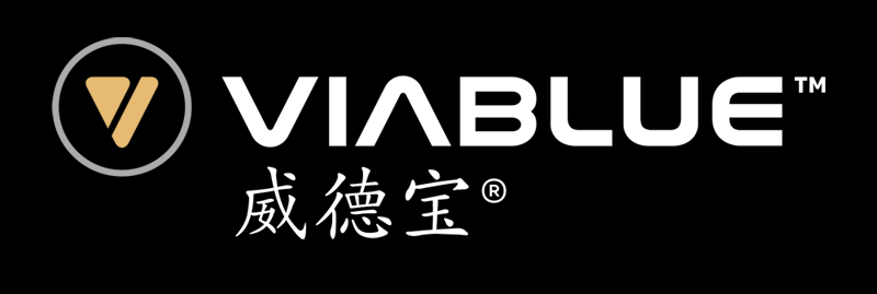 VIABLUE™ Logo, schwarzer Hintergrund, 800 Pixel breit