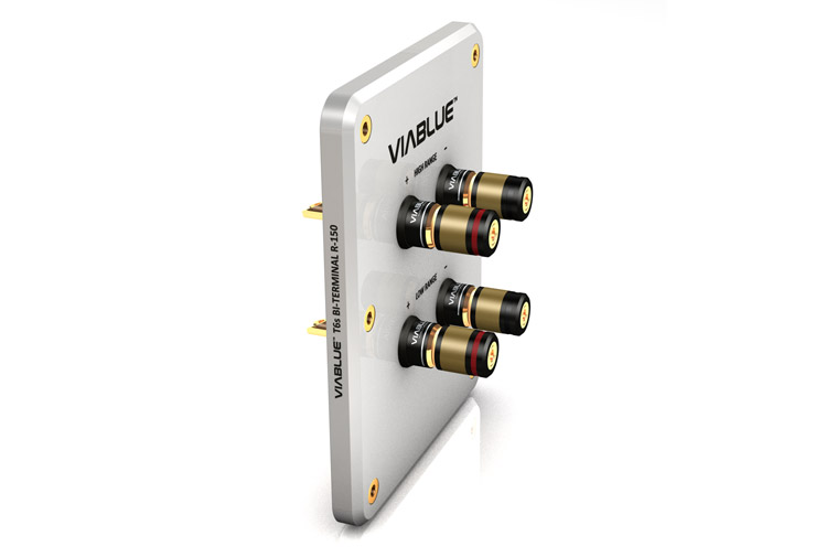 The R-150 Bi-Wire speaker terminal from VIABLUE™ features gold-plated connectors and contacts, and a solid metal housing for optimal shielding and stability.